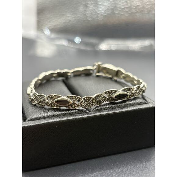 Vintage Sterling Silver Onyx 7" Bracelet Marcasite Bracelet 13 Grams W18 - Picture 2 of 11